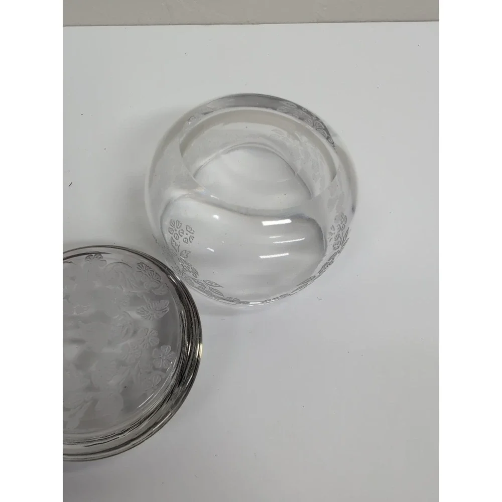Antique Cut‎ Glass Powder Jar With Lid Etched Flowers Heavy Piece